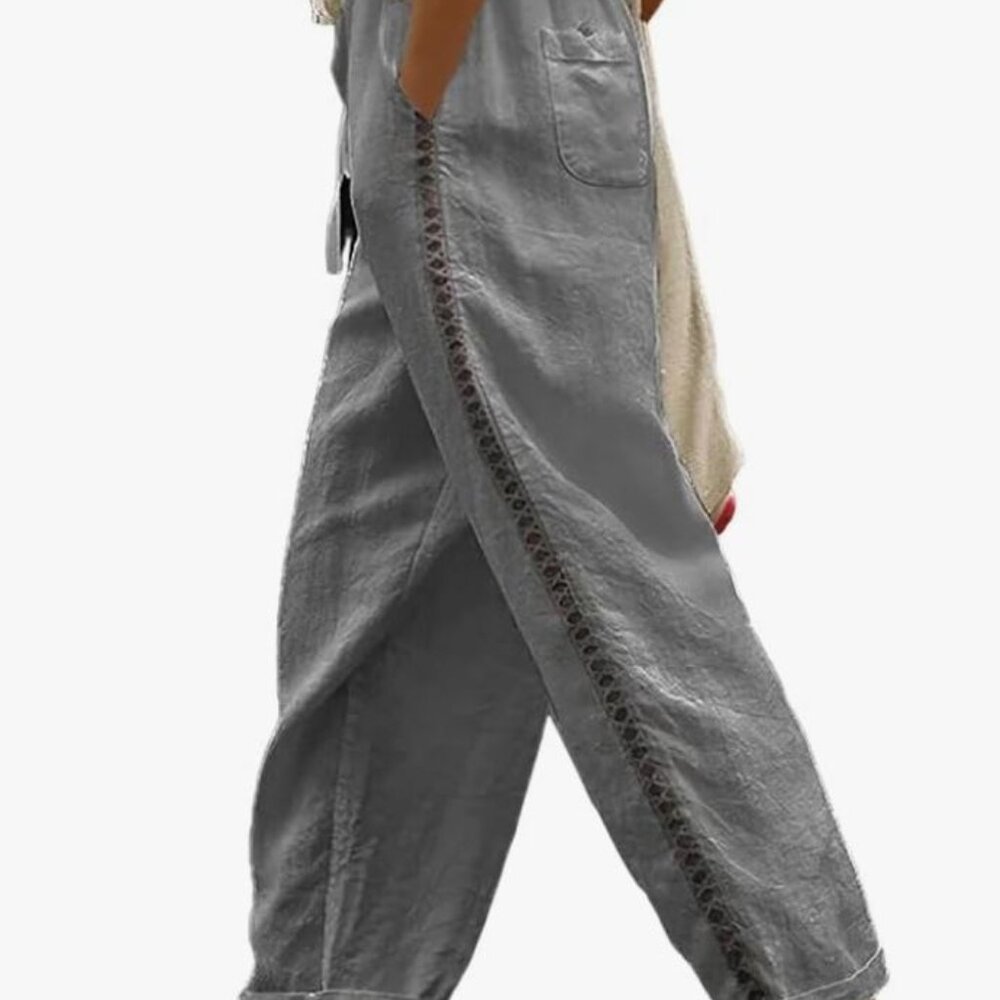 Casual Linen Pants Elastic Waist Relaxed Fit Straight Leg Pants, x small, Beach